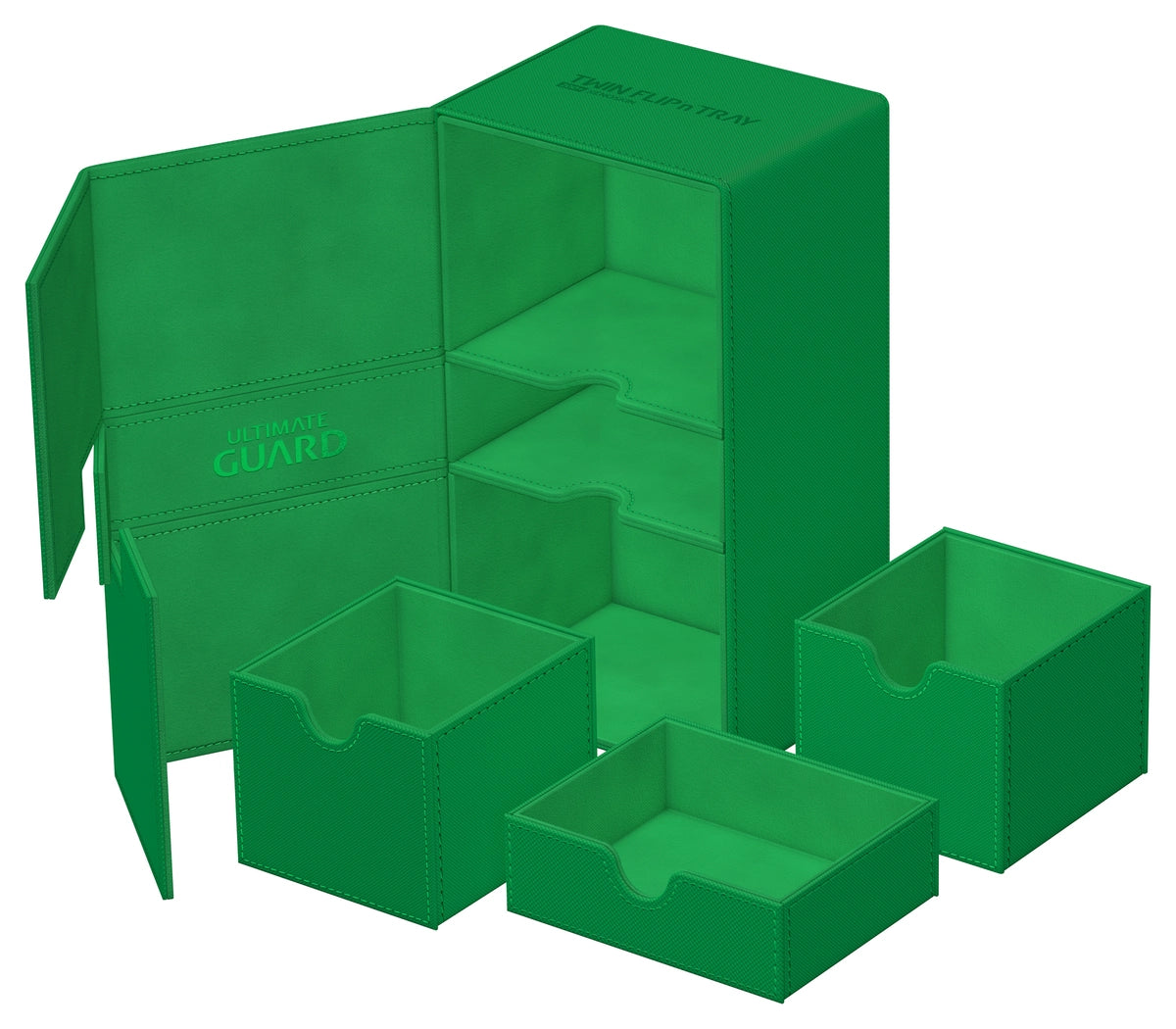 Ultimate Guard Twin Flip'n'Tray 200+ Monocolor - Green - Green plastic card deck box with a flip-open design and three removable tray compartments.