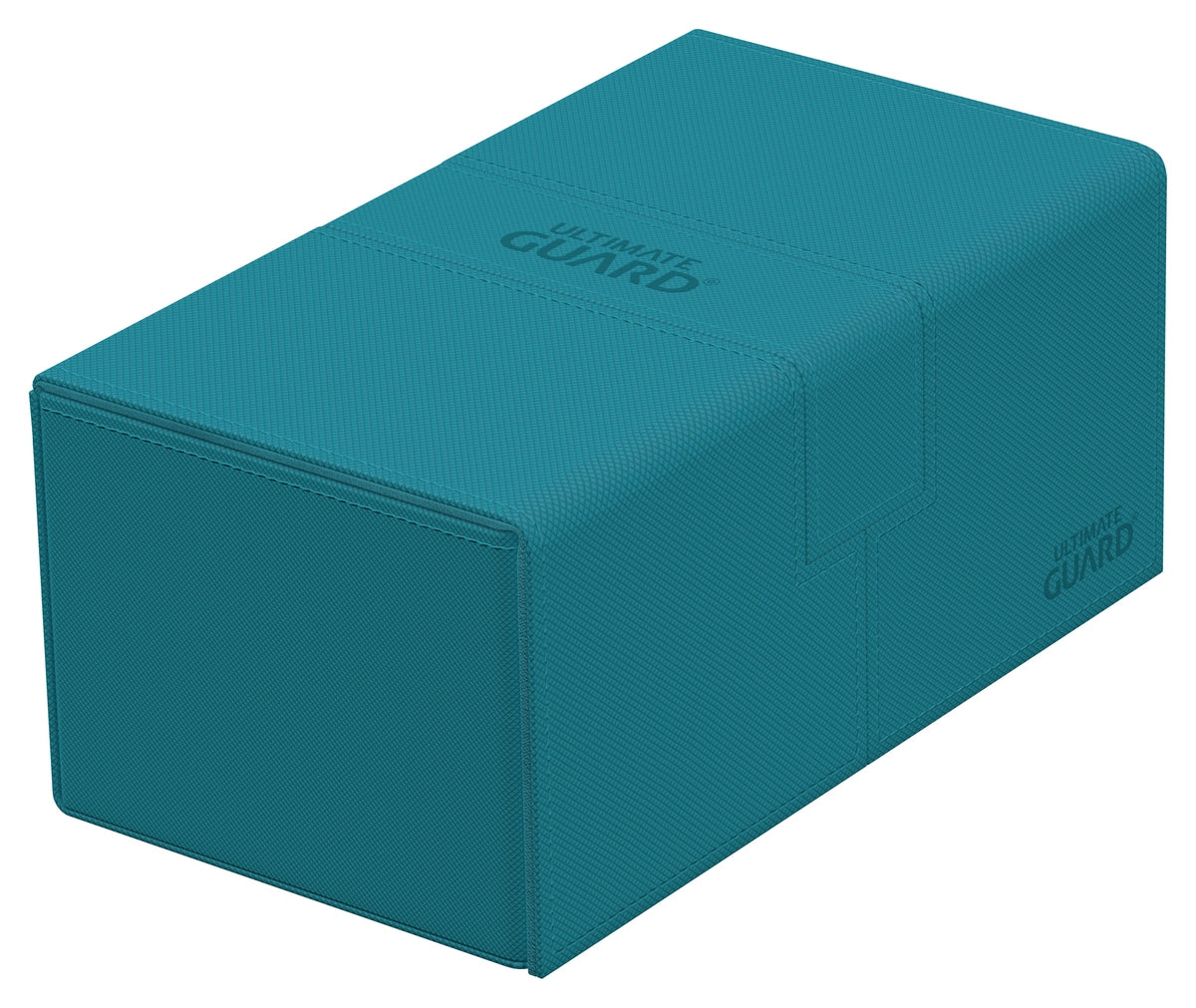 Ultimate Guard Twin Flip N Tray 200+ Monocolor - Petrol - Rectangular petrol blue plastic deck box with smooth matte finish and embossed Ultimate Guard logo on top and side.