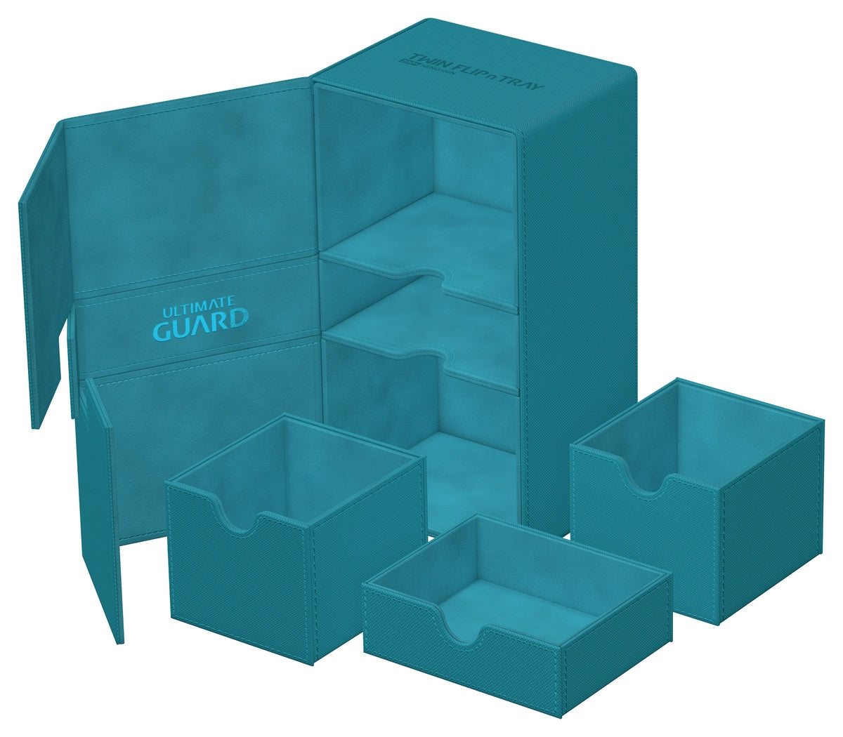 Ultimate Guard Twin Flip N Tray 200+ Monocolor - Petrol - Petrol blue rigid plastic deck box with twin flip trays and multiple compartments for card storage.