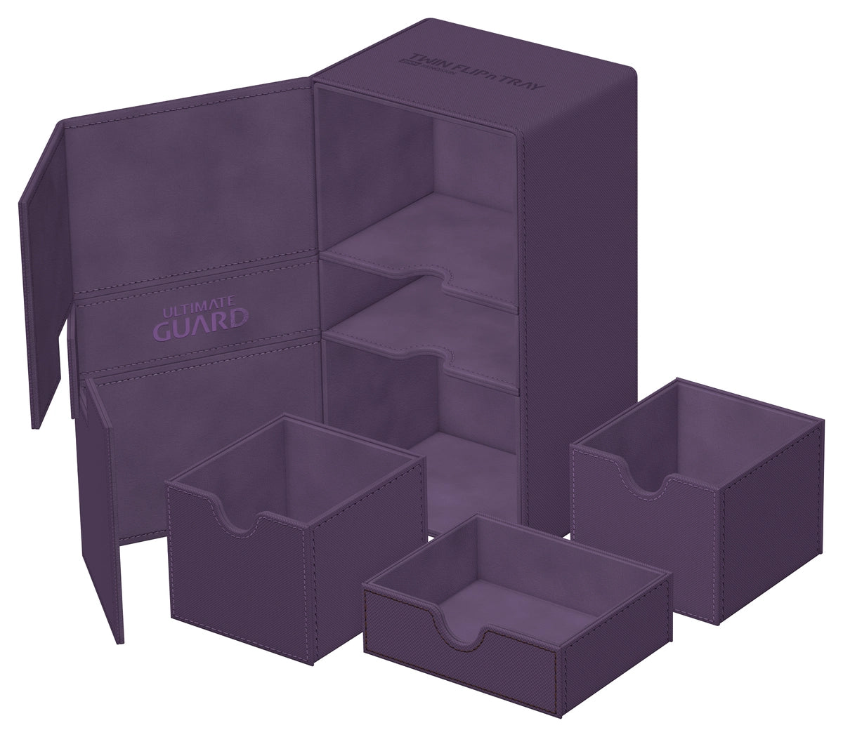 Ultimate Guard Twin Flip'n'Tray 200+ Monocolor - Purple - Purple rigid deck box with multiple compartments, including two removable trays and a flip-out storage design.