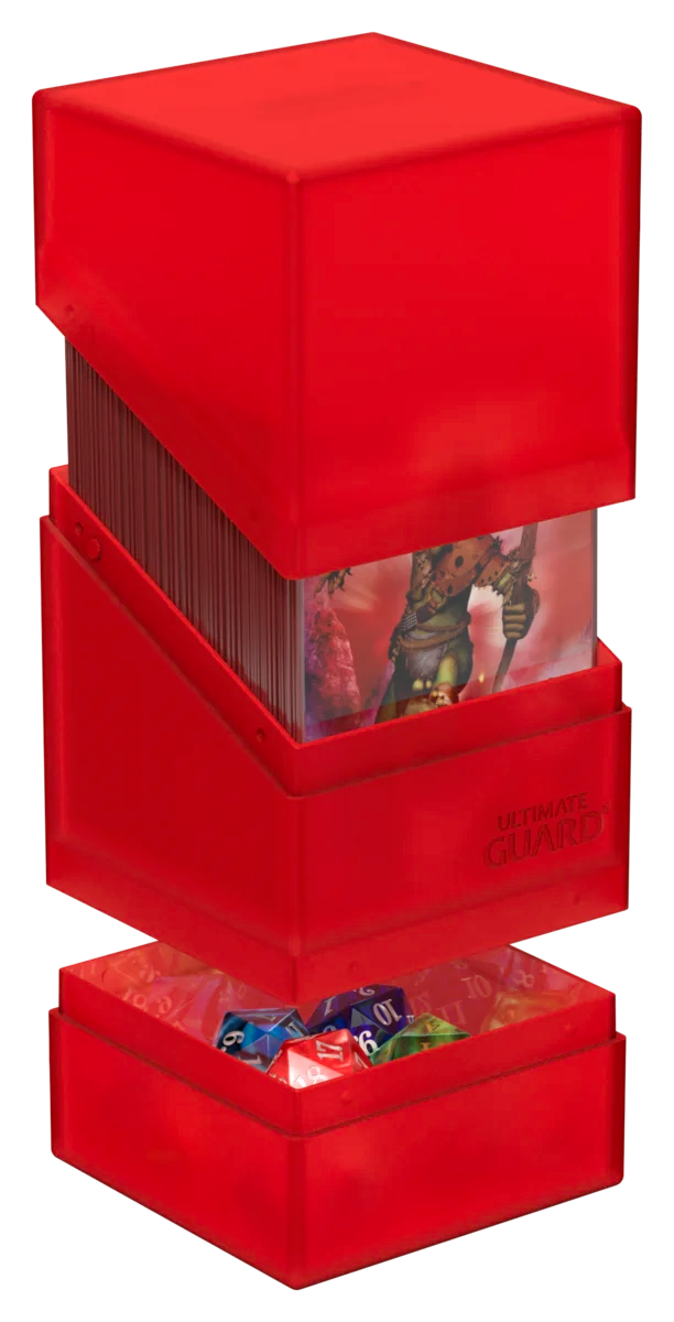 Ultimate Guard Boulder'n'Tray 100+ - Ruby - Ruby red translucent deck box with three compartments, showing game cards and colorful dice inside.