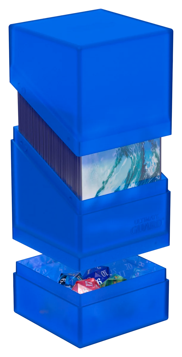 Ultimate Guard Boulder'n'Tray 100+ - Sapphire - Sapphire blue translucent plastic deck box with three compartments, including tray holding colorful game dice and middle.