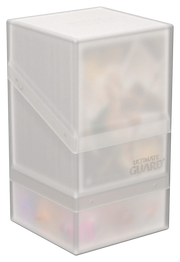 Ultimate Guard Boulder'n'Tray 100+ - Frosted - Frosted translucent rectangular deck box with clear upper lid and Ultimate Guard logo on front.