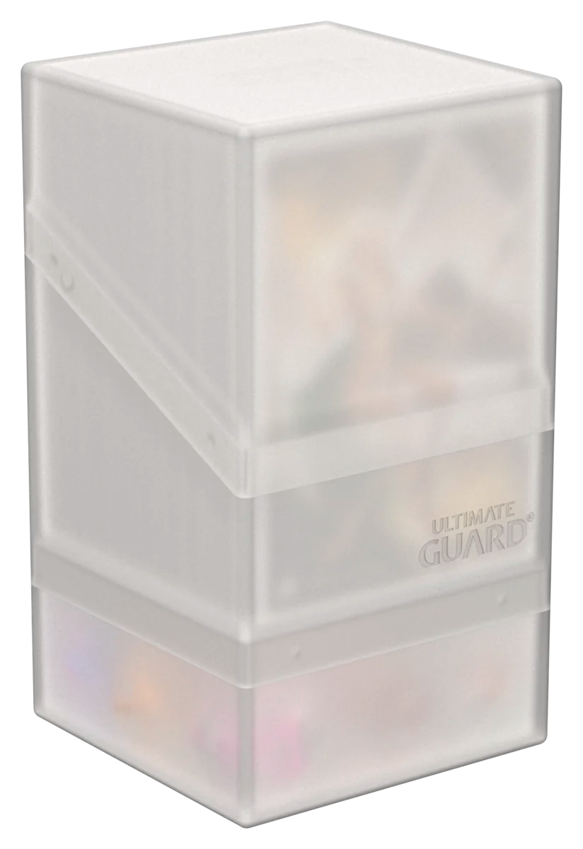 Ultimate Guard Boulder'n'Tray 100+ - Frosted - Frosted translucent rectangular deck box with clear upper lid and Ultimate Guard logo on front.