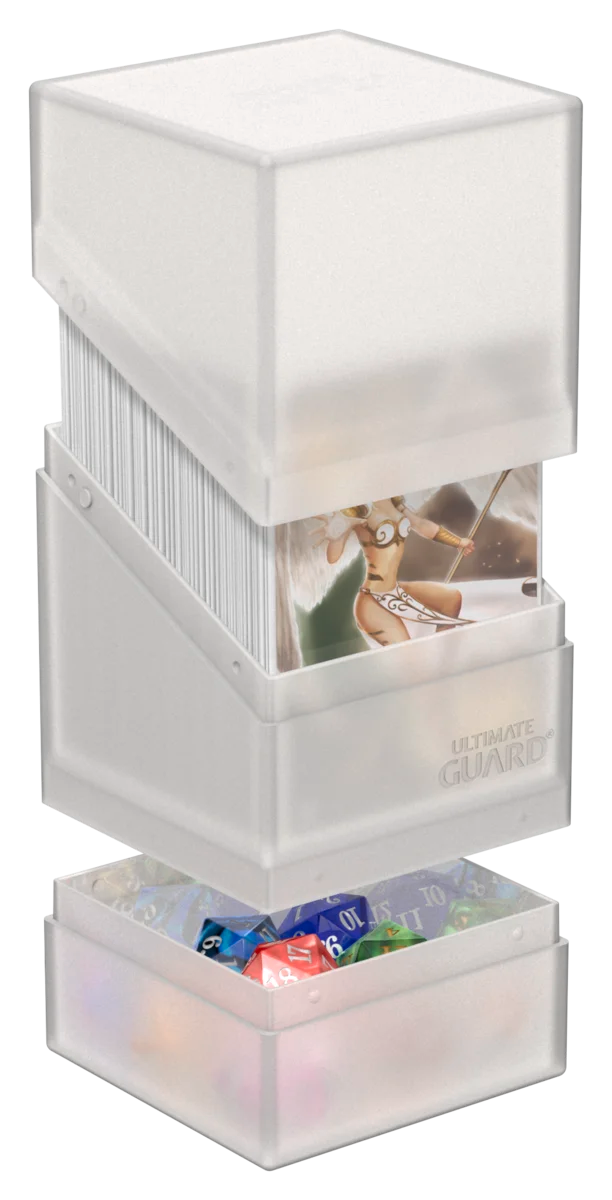 Ultimate Guard Boulder'n'Tray 100+ - Frosted - Frosted white plastic deck box with a transparent lid and built-in dice tray at the bottom, designed for card storage and.