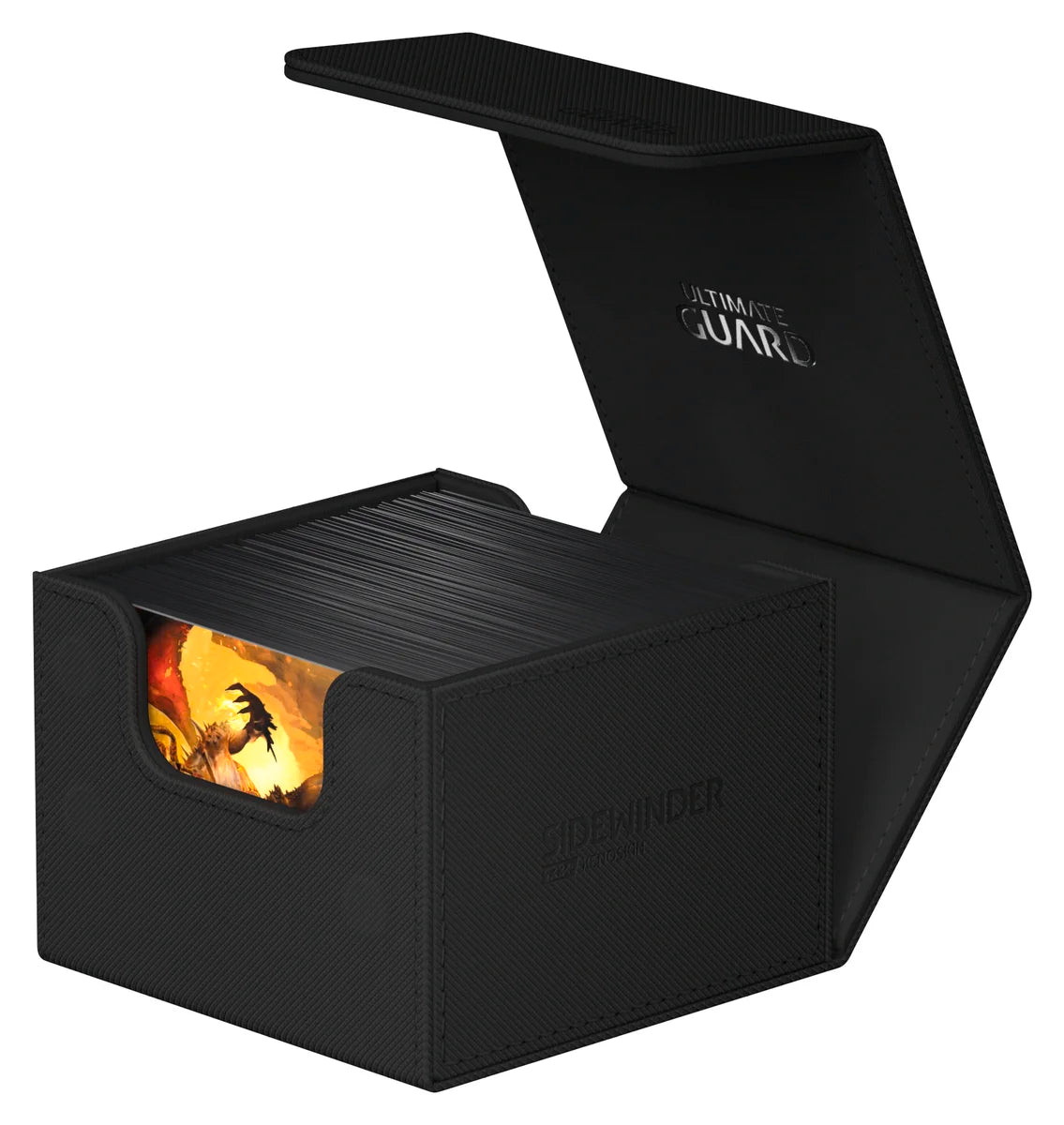Ultimate Guard Sidewinder 133+ Monocolor - Black - Black rectangular deck box with a hinged lid, holding cards visible through a front window, matte finish.