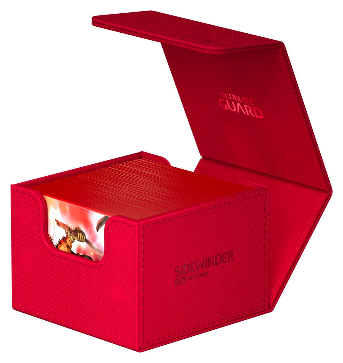 Ultimate Guard Sidewinder 133+ Monocolor - Red - Red rectangular deck box with hinged lid, stitched edges, and "Sidewinder" branding on the side.