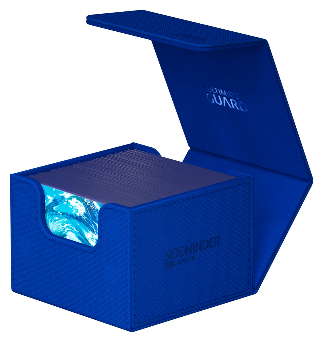 Ultimate Guard Sidewinder 133+ Monocolor - Blue - Blue rectangular card deck box with a hinged lid and textured finish, designed to hold cards securely.