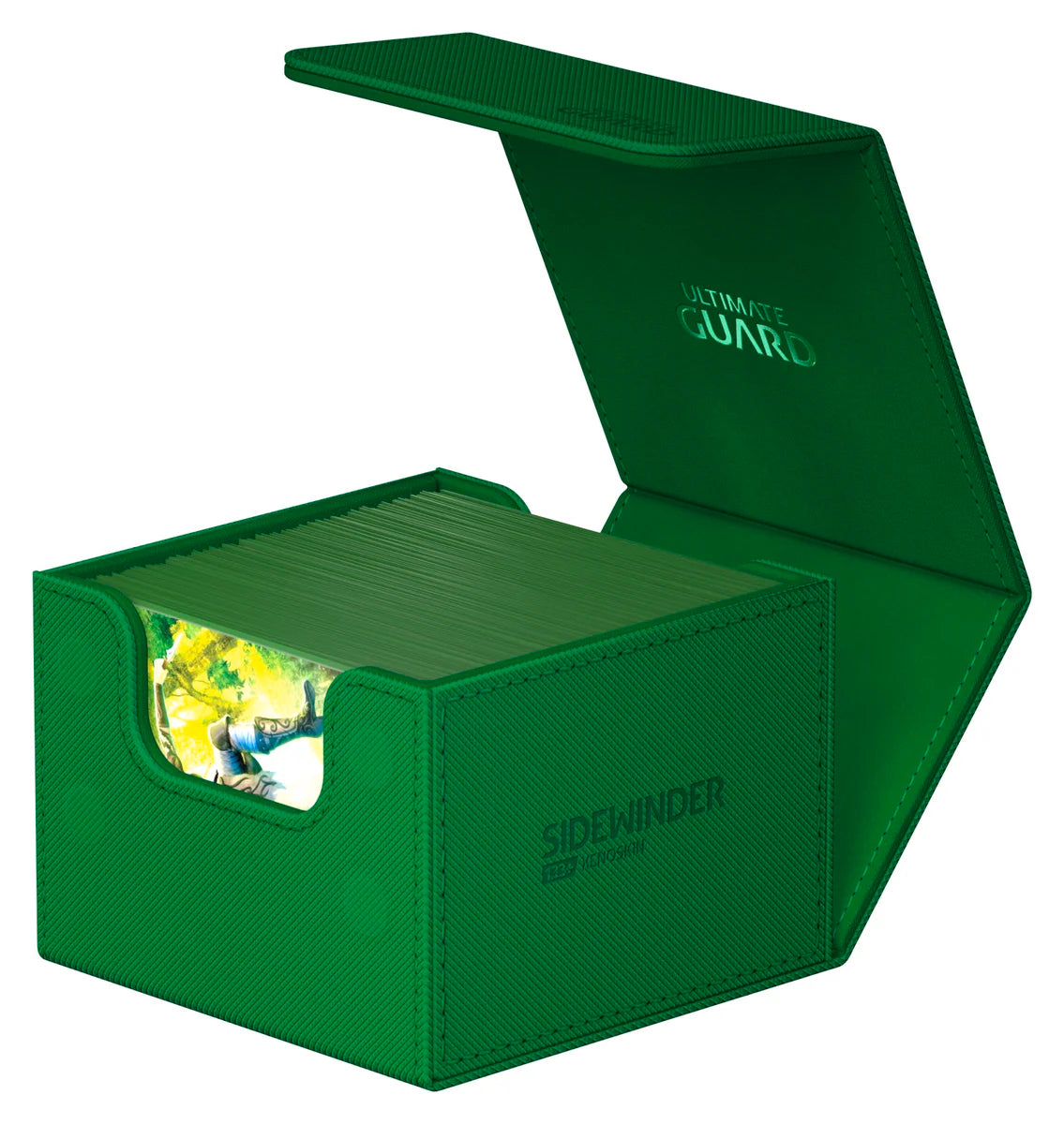 Ultimate Guard Sidewinder 133+ Monocolor - Green - Green rectangular deck box with textured finish, hinged lid open, Ultimate Guard logo on inside lid, and Sidewinder branding