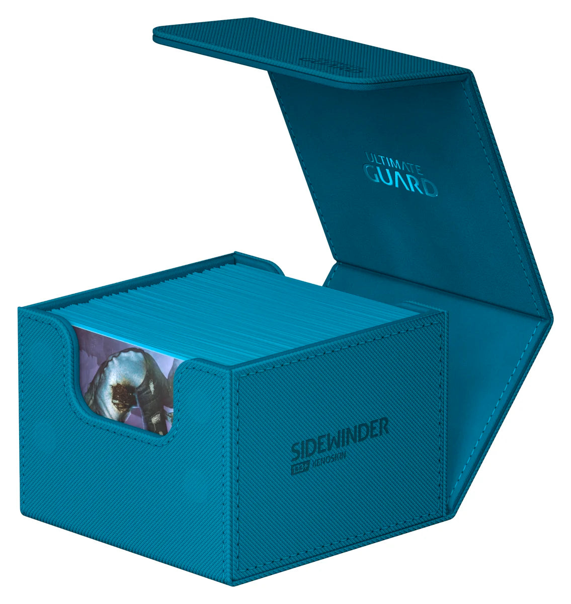 Ultimate Guard Sidewinder 133+ Monocolor - Petrol - Petrol-blue rectangular deck box with hinged lid, textured exterior, and transparent card holder window.