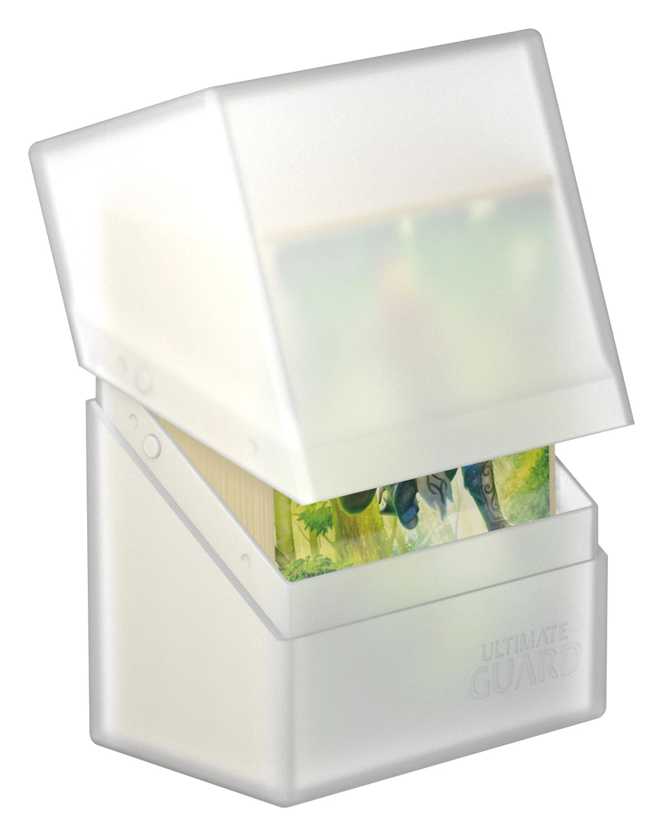 Ultimate Guard Boulder 60+ Frosted - Frosted semi-transparent plastic card storage box partially open showing colorful cards inside.