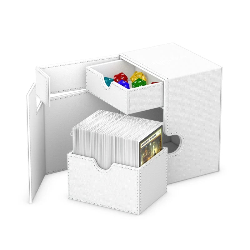 Ultimate Guard Flip'n'Tray 133+: Monocolor - White - White rectangular deck box with fold-open lid, inner tray holding colorful dice, and space for card storage below.