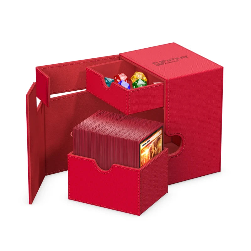 Ultimate Guard Flip'n'Tray 133+: Monocolor - Red - Red rectangular deck box with a sliding tray holding dice and an open compartment storing cards, made of textured material.