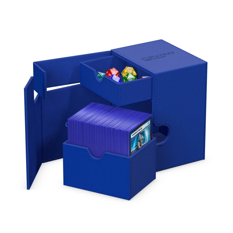 Ultimate Guard Flip'n'Tray 133+: Monocolor - Blue - Blue rectangular deck box with a flip-open lid, internal dice tray, and fitted card storage compartment.