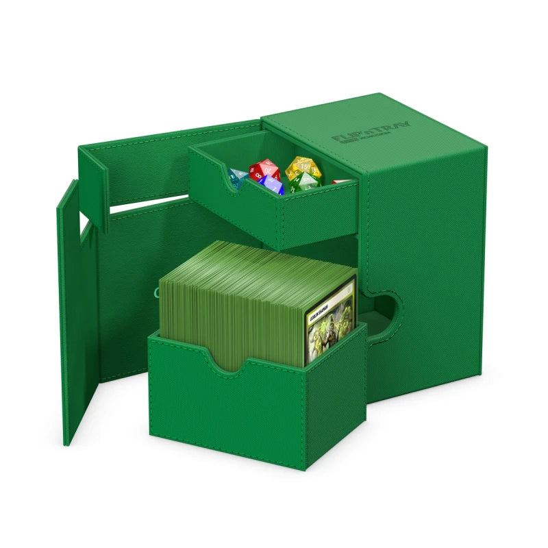 Ultimate Guard Flip'n'Tray 133+ Monocolor - Green - Green deck box with flip tray for dice and removable inner box holding card sleeves.
