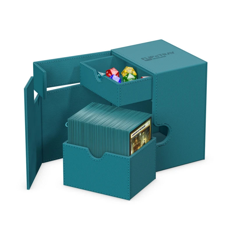 Ultimate Guard Flip'n'Tray 133+: Monocolor - Petrol - Petrol blue rectangular deck box with flip-open lid, small tray holding dice, and card storage compartment.
