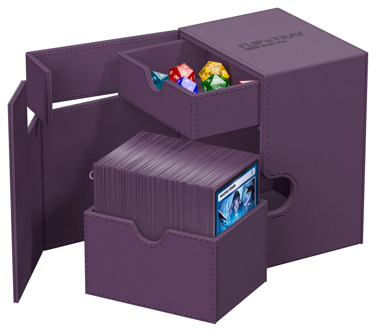 Ultimate Guard Flip'n'Tray 133+: Monocolor - Purple - Purple rectangular deck box with textured surface, featuring a two-tiered design and a compartment holding colorful gaming.