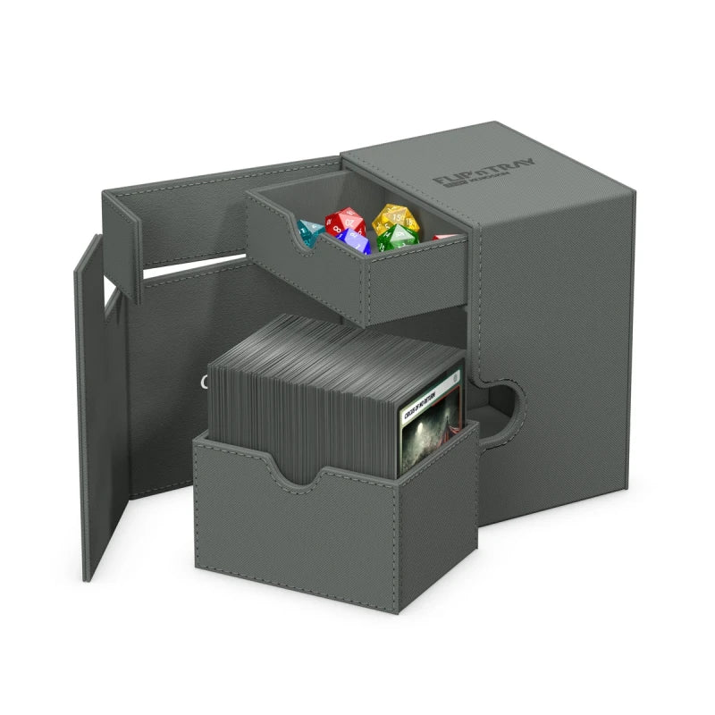 Ultimate Guard Flip'n'Tray 133+: Monocolor - Grey - Grey flip-top deck box with compartments holding playing cards and colorful dice.