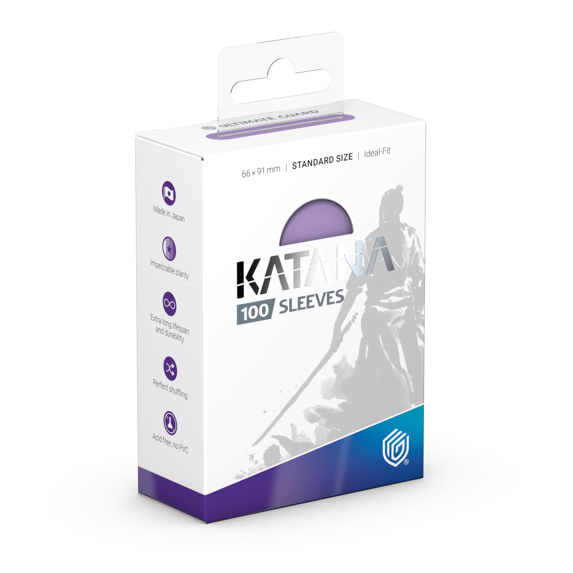 Ultimate Guard Sleeves: Standard Katana - Summer Cloud 100CT - White and purple box of 100 Ultimate Guard Standard Katana card sleeves with samurai graphic and window showing purple.