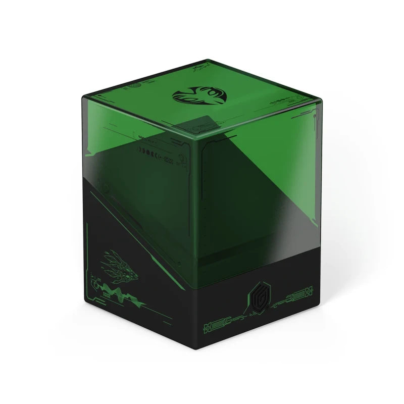 Ultimate Guard Boulder 100+: Magic the Gathering: Edge of Eternities - Eumidians - Dark green translucent cube deck box with sharp edges and subtle black geometric patterns.