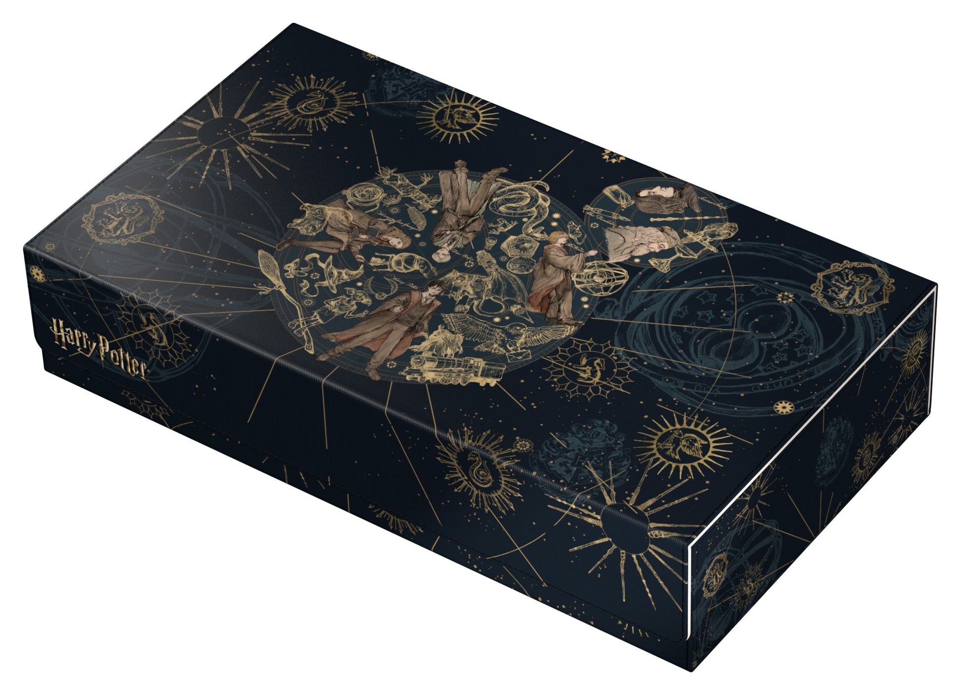 Omnihive 1000+ Xenoskin Deck Case: Harry Potter - Black rectangular deck case with intricate gold celestial designs and a detailed Harry Potter-themed collage on top.