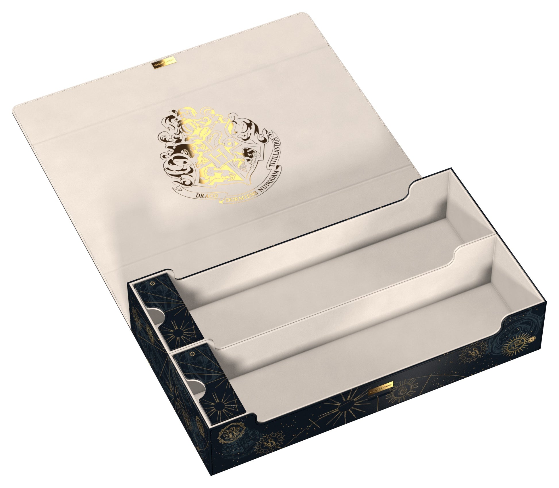 Omnihive 1000+ Xenoskin Deck Case: Harry Potter - Black rectangular deck case with gold Harry Potter crest on beige interior and segmented compartments for cards and.