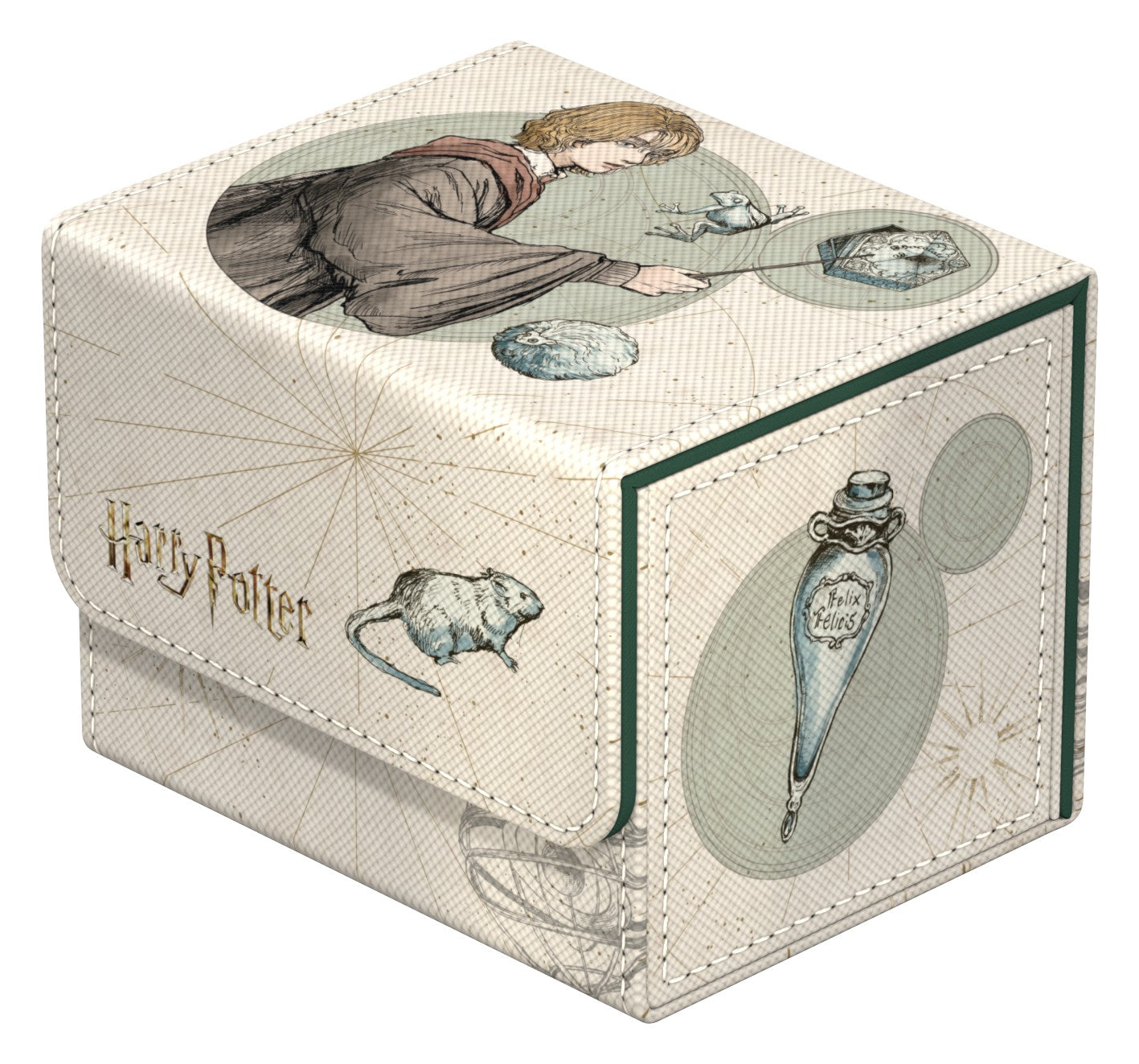 Ultimate Guard Sidewinder 100+: Harry Potter - Ron Weasley - Beige and green rectangular deck box with stitched edges, featuring illustration of Ron Weasley holding a glass orb and.