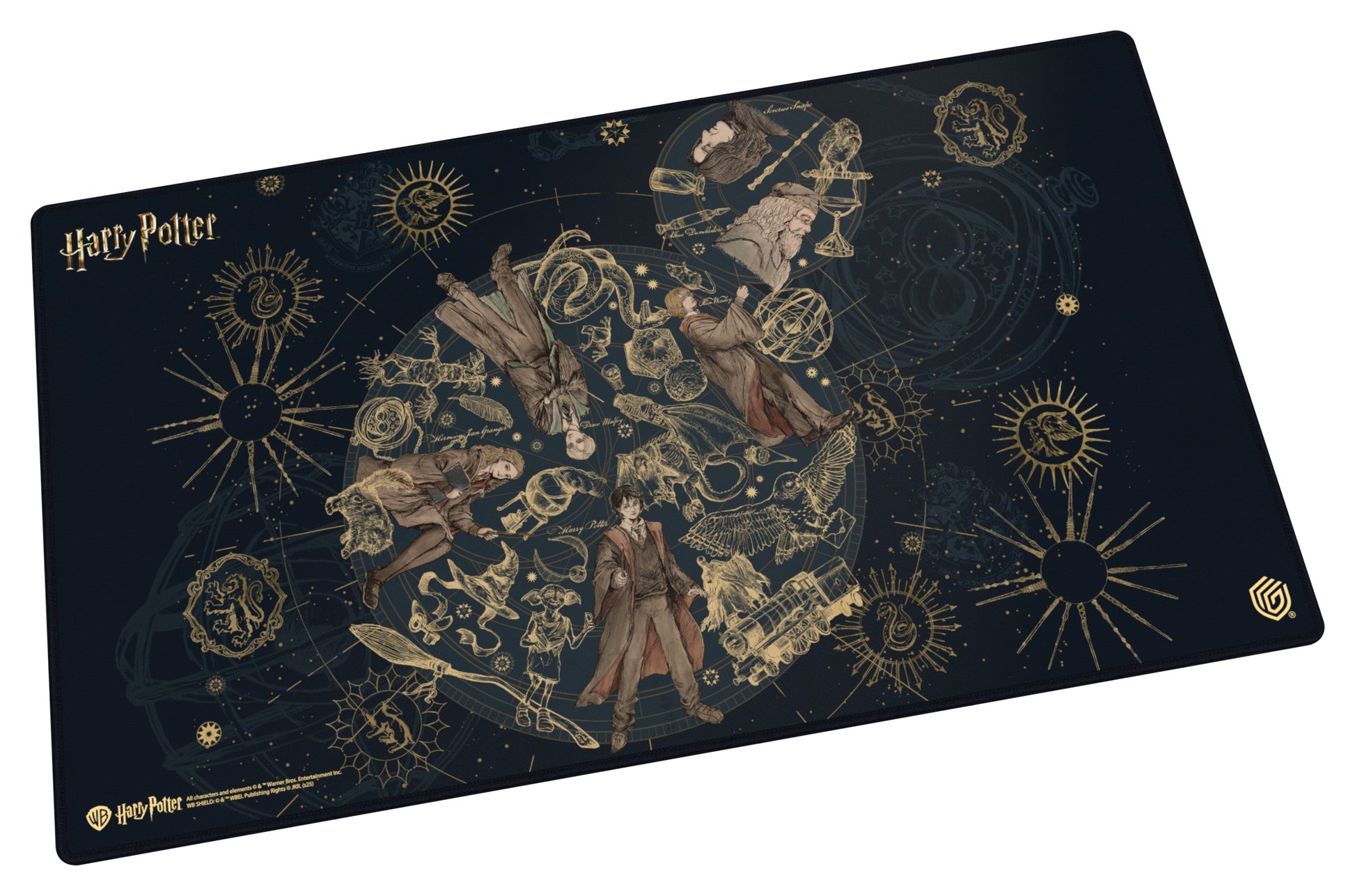 Ultimate Guard Playmat: Harry Potter - Black rectangular playmat featuring detailed golden Harry Potter-themed illustrations and symbols in a vintage style.