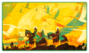 Ultimate Guard Playmat: Artist Edition #3 Dominik Mayer - Rectangular playmat featuring stylized knights on horseback against a vibrant yellow and orange background with flying white