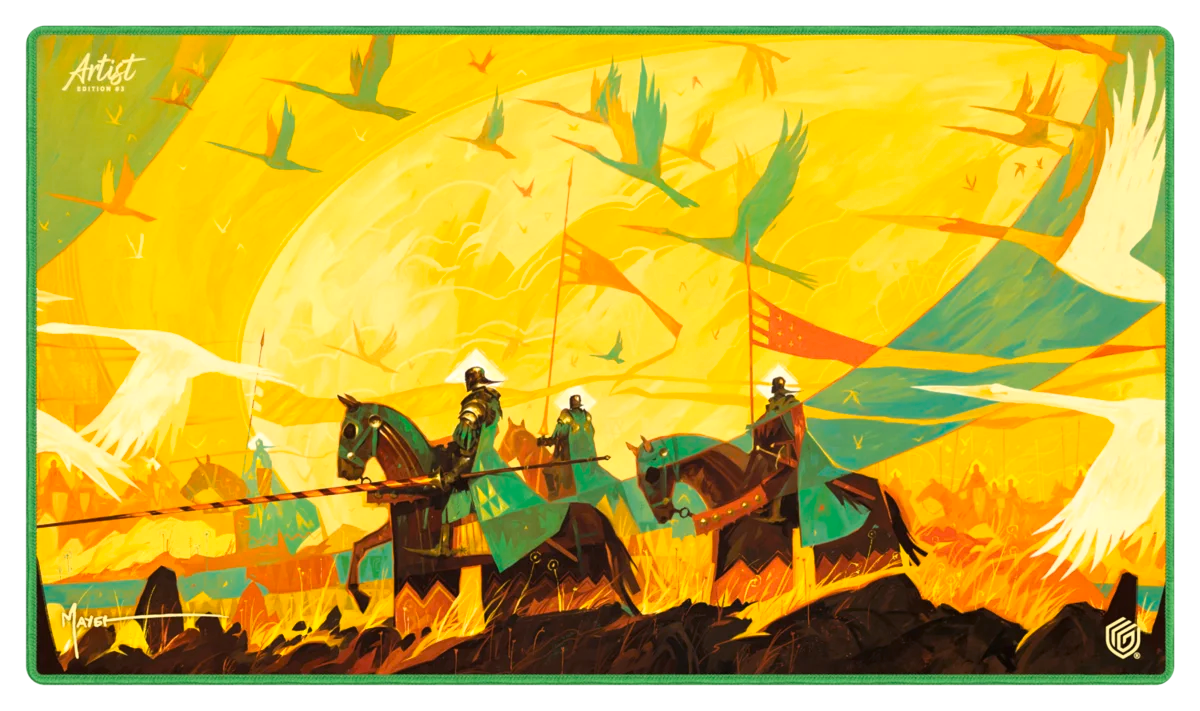 Ultimate Guard Playmat: Artist Edition #3 Dominik Mayer - Rectangular playmat featuring stylized knights on horseback against a vibrant yellow and orange background with flying white
