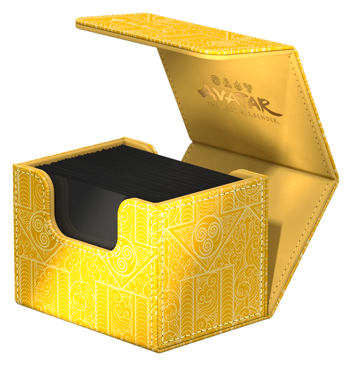 Ultimate Guard Sidewinder 100+: Magic the Gathering: Avatar The Last Airbender - White Mana - Yellow deck box with intricate white tribal patterns and black interior, hinged lid with Avatar The Last Airbender logo.