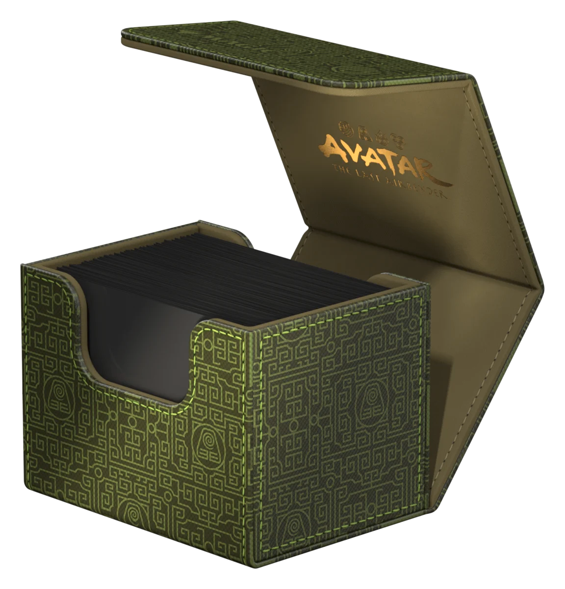 Ultimate Guard Sidewinder 100+: Magic the Gathering: Avatar The Last Airbender - Green Mana - Green deck box with intricate geometric patterns, gold "Avatar The Last Airbender" logo inside lid, and spacious card.