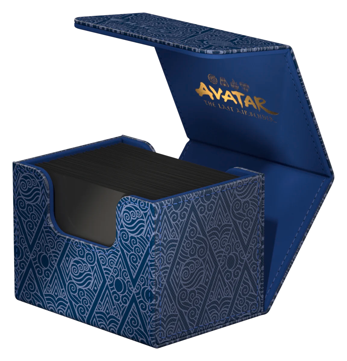 Ultimate Guard Sidewinder 100+: Magic the Gathering: Avatar The Last Airbender - Blue Mana - Blue textured card box with intricate geometric patterns, hinged lid, and yellow Avatar The Last Airbender logo inside lid.