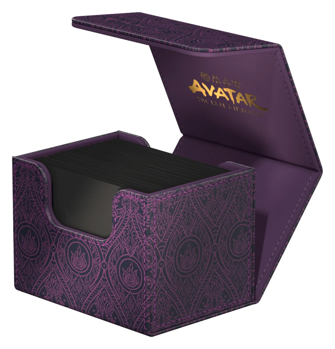 Ultimate Guard Sidewinder 100+: Magic the Gathering: Avatar The Last Airbender - Black Mana - Purple card storage box with intricate dark patterns and gold Avatar The Last Airbender logo inside lid.