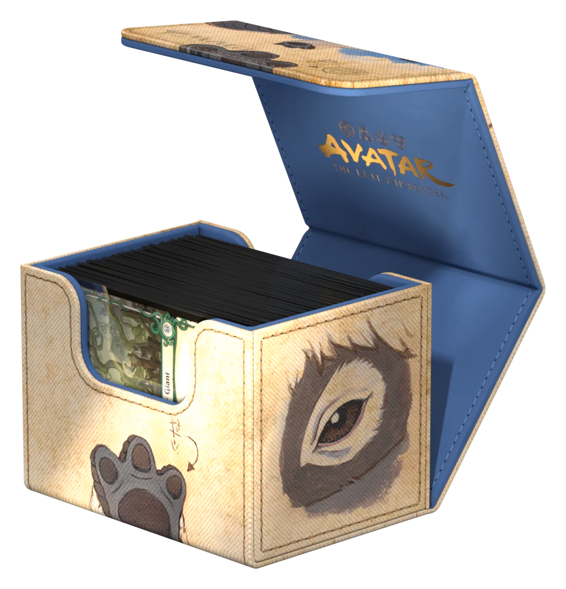 Ultimate Guard Sidewinder 100+: Magic the Gathering: Avatar The Last Airbender -Appa, Steadfast Guardian - Beige and blue card storage box with Appa's eye and paw prints from Avatar The Last Airbender, hinged lid with gold logo.