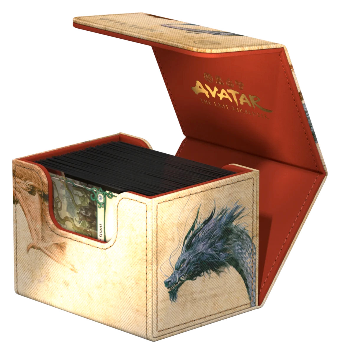Ultimate Guard Sidewinder 100+: Magic the Gathering: Avatar The Last Airbender - Ran and Shaw - Rectangular card storage box with beige outer design featuring a blue dragon and green patterns, dark interior with an.