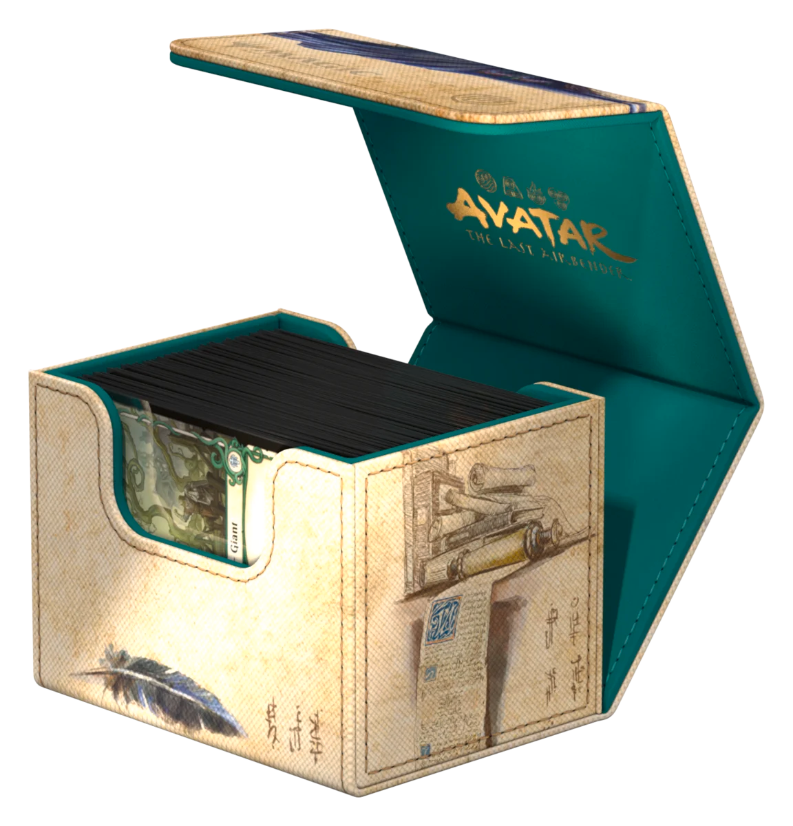Ultimate Guard Sidewinder 100+: Magic the Gathering: Avatar The Last Airbender - Wan Shi Tong, Librarian - Wooden and teal card storage box with Avatar The Last Airbender logo, open lid, and illustrated side panels.