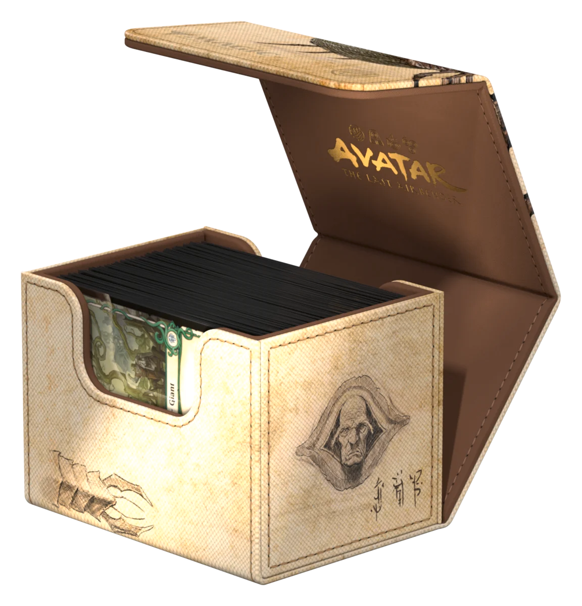 Ultimate Guard Sidewinder 100+: Magic the Gathering: Avatar The Last Airbender - Koh, the Face Stealer - Beige textured card storage box with weathered look, open lid revealing black sleeves, features engraved face illustration.