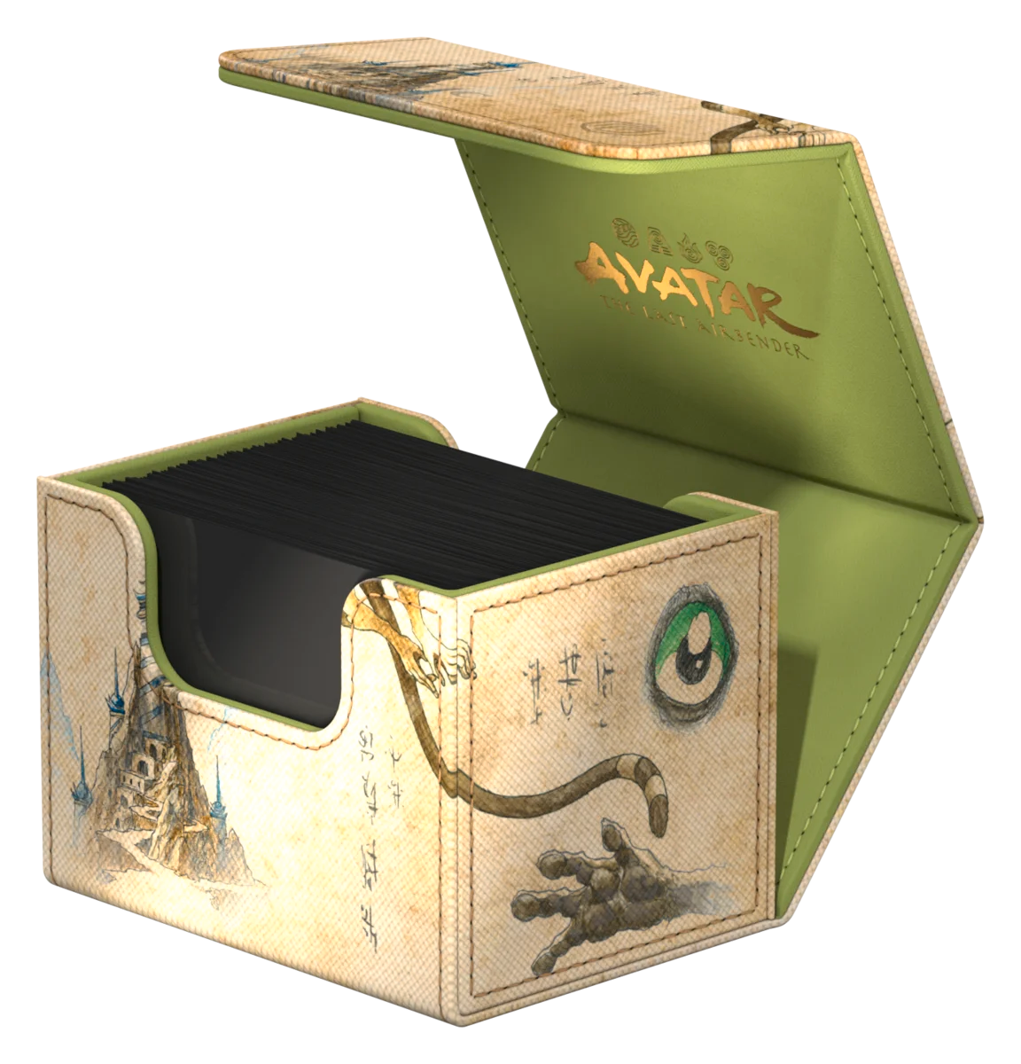 Ultimate Guard Sidewinder 100+: Magic the Gathering: Avatar The Last Airbender - Momo, Friendly Flier - Green and beige card deck box with Avatar The Last Airbender logo, parchment-style design, and magnetic side-opening lid.