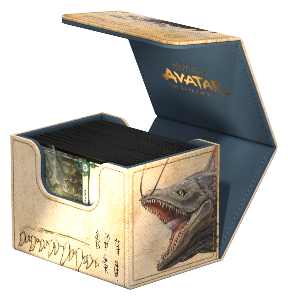 Ultimate Guard Sidewinder 100+: Magic the Gathering: Avatar The Last Airbender - The Unagi of Kyoshi Island - Rectangular card storage box with hinged lid, beige exterior featuring detailed Unagi sea serpent illustration, and dark.