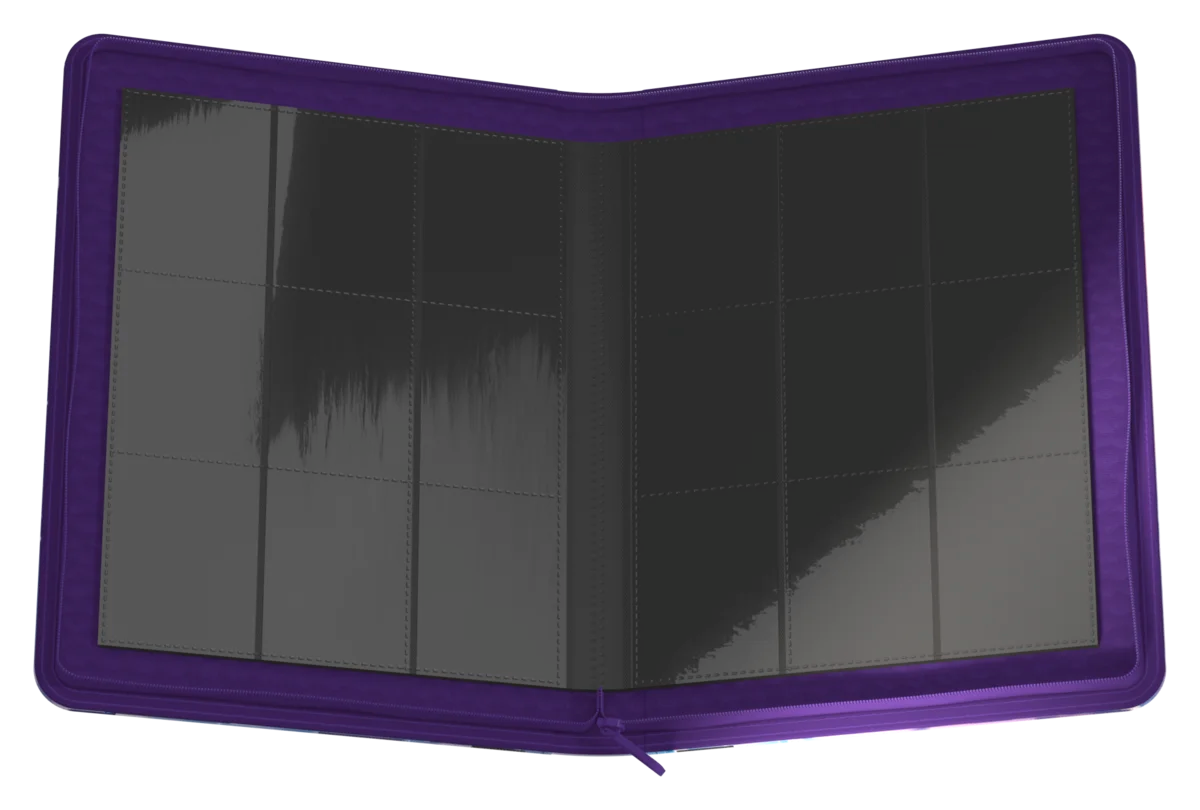 Ultimate Guard 9-Pocket ZipFolio: Magic the Gathering: Avatar The Last Airbender - Azula - Purple zippered card binder open to show nine-pocket transparent plastic sleeves for trading cards.
