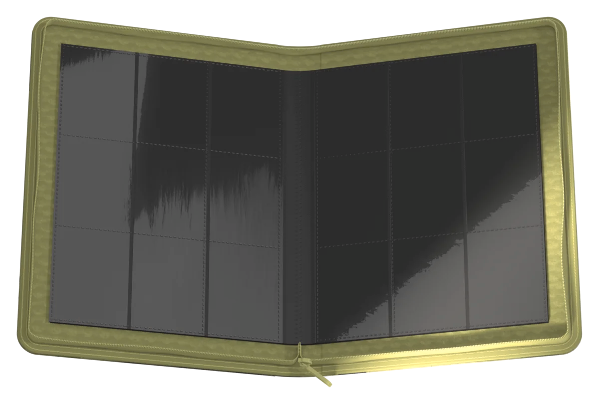 Ultimate Guard 9-Pocket ZipFolio: Magic the Gathering: Avatar The Last Airbender - Toph - Olive green zippered card binder open to reveal nine black plastic card sleeves on each page, designed for collectible card.