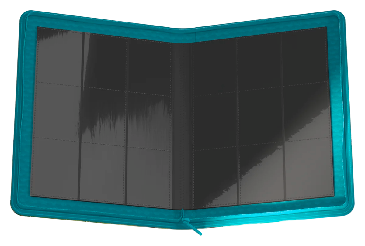 Ultimate Guard 9-Pocket ZipFolio: Magic the Gathering: Avatar The Last Airbender - Aang (PREORDER) - Teal zippered card binder open to show black 9-pocket plastic pages for trading cards.
