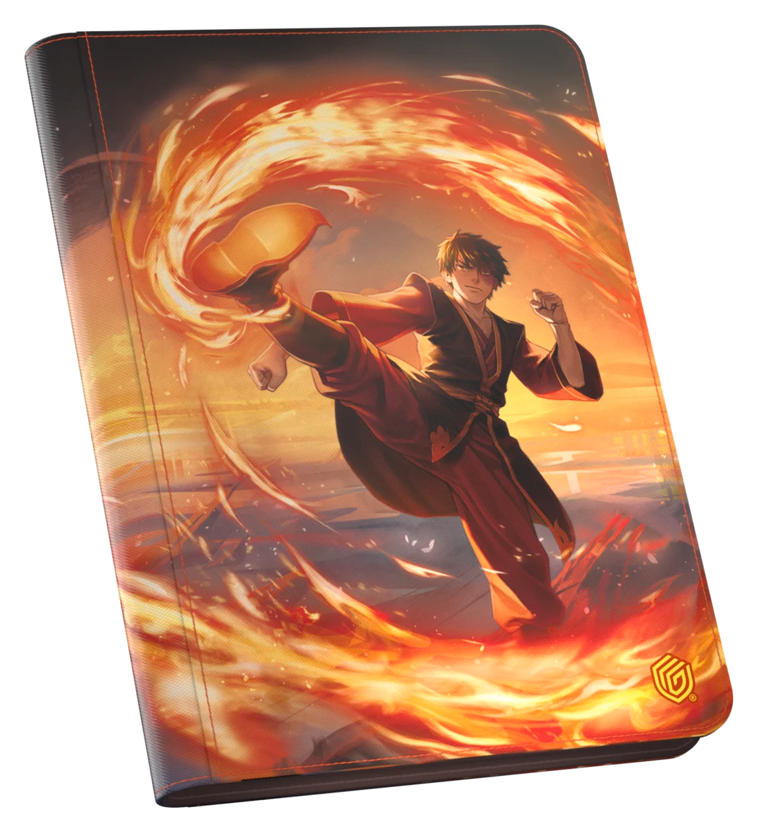 Ultimate Guard 9-Pocket ZipFolio: Magic the Gathering: Avatar The Last Airbender - Zuko - Black zippered folio with fiery orange and yellow flames swirling around a dynamic figure performing a high kick, detailed.