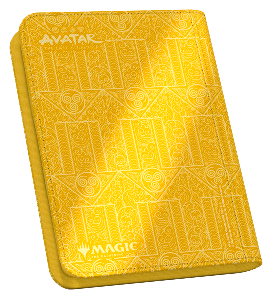 Ultimate Guard 4-Pocket ZipFolio: Magic the Gathering: Avatar The Last Airbender - White Mana - Yellow zippered folio with intricate geometric patterns and symbols, featuring "Avatar" and "Magic" logos in white.