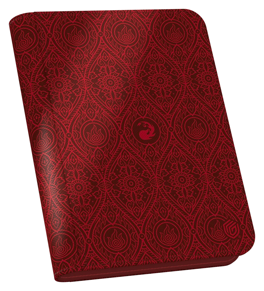 Ultimate Guard 4-Pocket ZipFolio: Magic the Gathering: Avatar The Last Airbender - Red Mana - Red zippered folio with embossed intricate patterns and central fire symbol, designed for card storage.