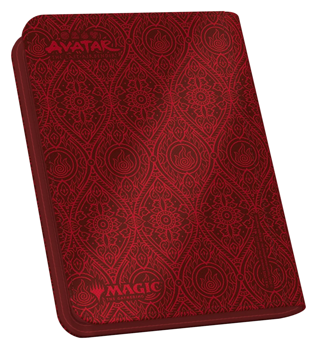 Ultimate Guard 4-Pocket ZipFolio: Magic the Gathering: Avatar The Last Airbender - Red Mana - Red zippered card folio with embossed intricate patterns and symbols, featuring "Avatar" and "Magic" text.