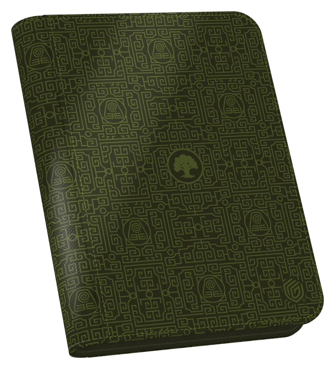 Ultimate Guard 4-Pocket ZipFolio: Magic the Gathering: Avatar The Last Airbender - Green Mana - Green zippered card folio with intricate geometric and elemental symbols embossed, featuring a tree logo centered on the.