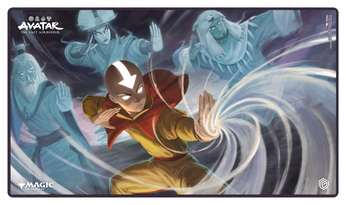 Ultimate Guard Playmat: Magic the Gathering: Avatar The Last Airbender - Enter the Avatar State - Playmat featuring Avatar Aang in dynamic pose with swirling elemental energy, blue ghostly figures, and dark purple.
