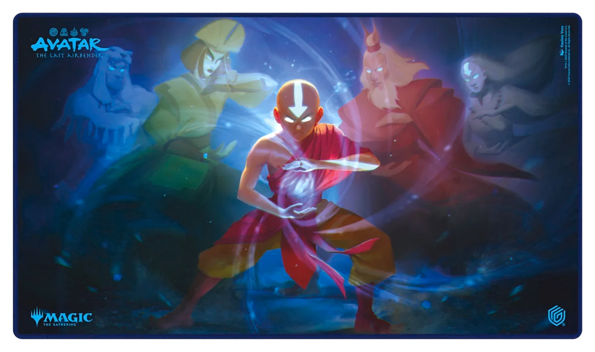 Ultimate Guard Playmat: Magic the Gathering: Avatar The Last Airbender - Descendants' Path - Dark blue rectangular playmat featuring vibrant characters from Avatar The Last Airbender in dynamic poses, centered on Aang